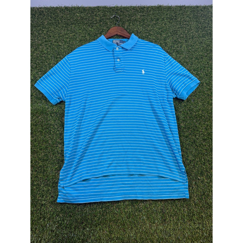 Polo Ralph Lauren Mens Large Blue White Striped Short Sleeve Cotton Polo Shirt